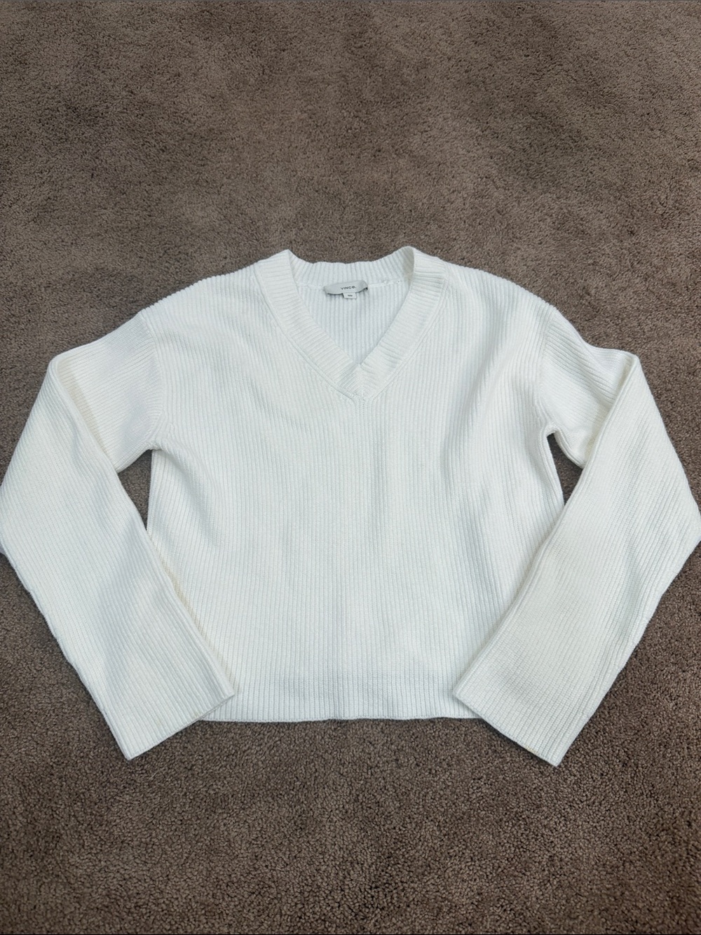 Vince Ivory V-Neck Ribbed Knit Sweater